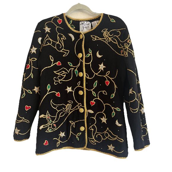 Michael Simon Sweaters - Vintage 1998 Michael Simon Christmas Cardigan Womens L Black Gold Trim Beaded